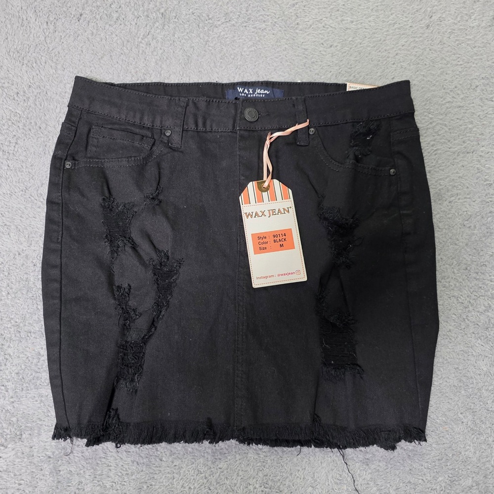 Wax Jean Womens M Denim Mini Skirt Black Distressed Ripped Frayed Hem 90114